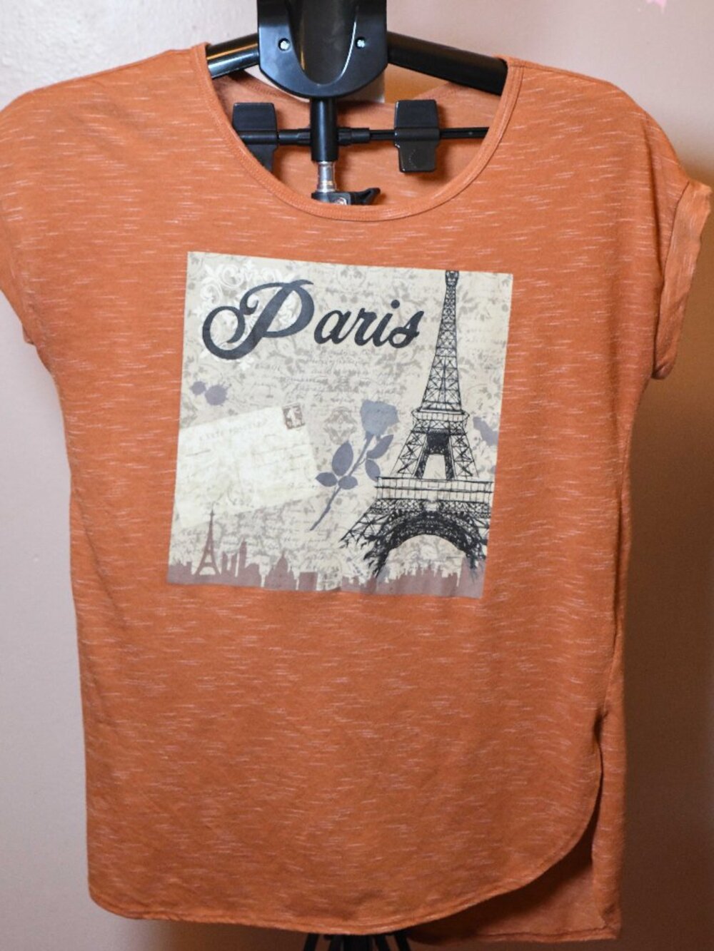 Women's PARIS Eiffel Tower Size Small Orange Marled Dolman Sleeve Top Shirt